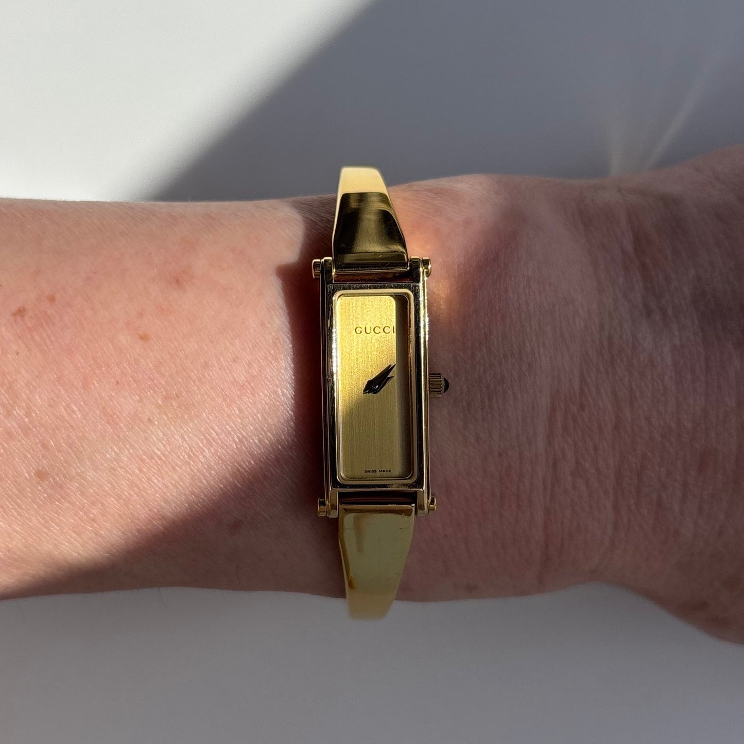 Gucci 1990s Gold Dial Gold Plated Bangle Watch (Small)