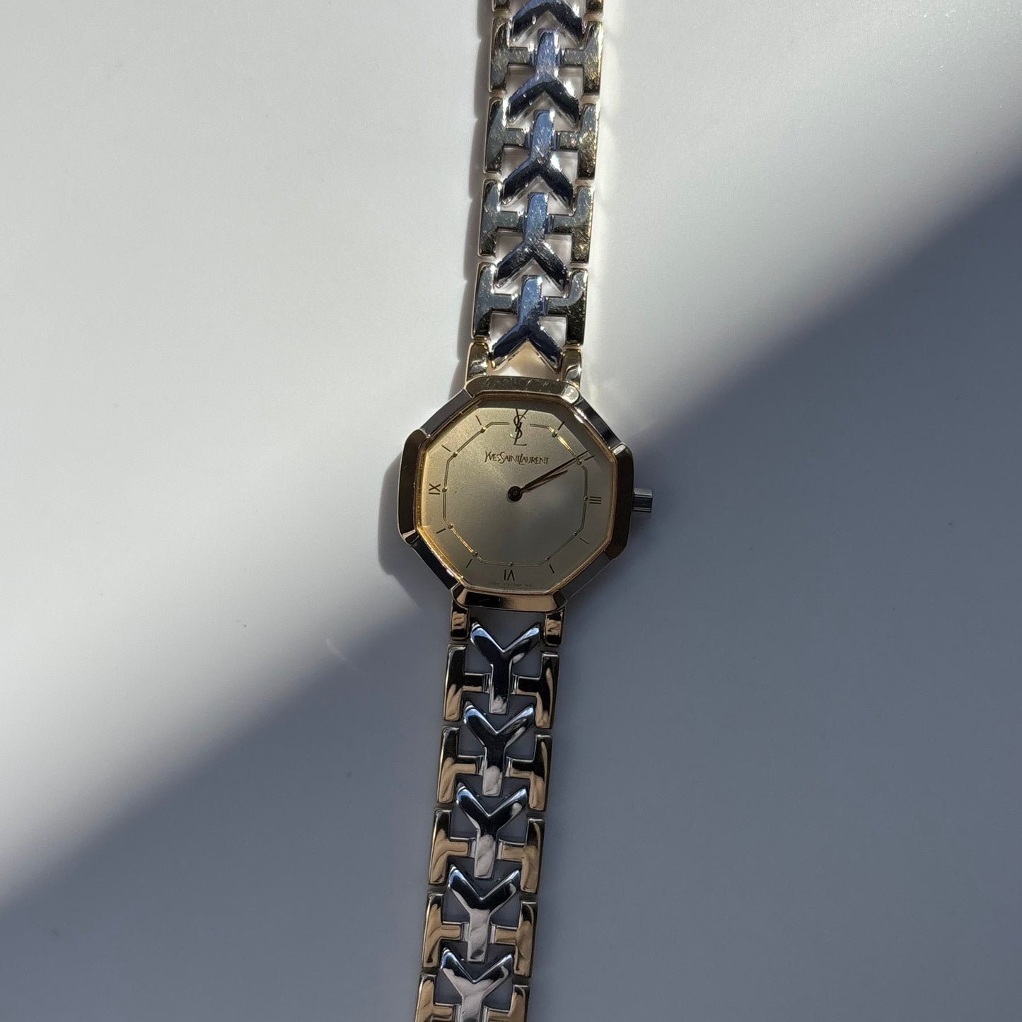 Yves Saint Laurent 1990s Octagon Gold Plated Two Tone Watch