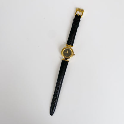 Fendi 1990s Black Dial Gold Plated Round Leather Watch