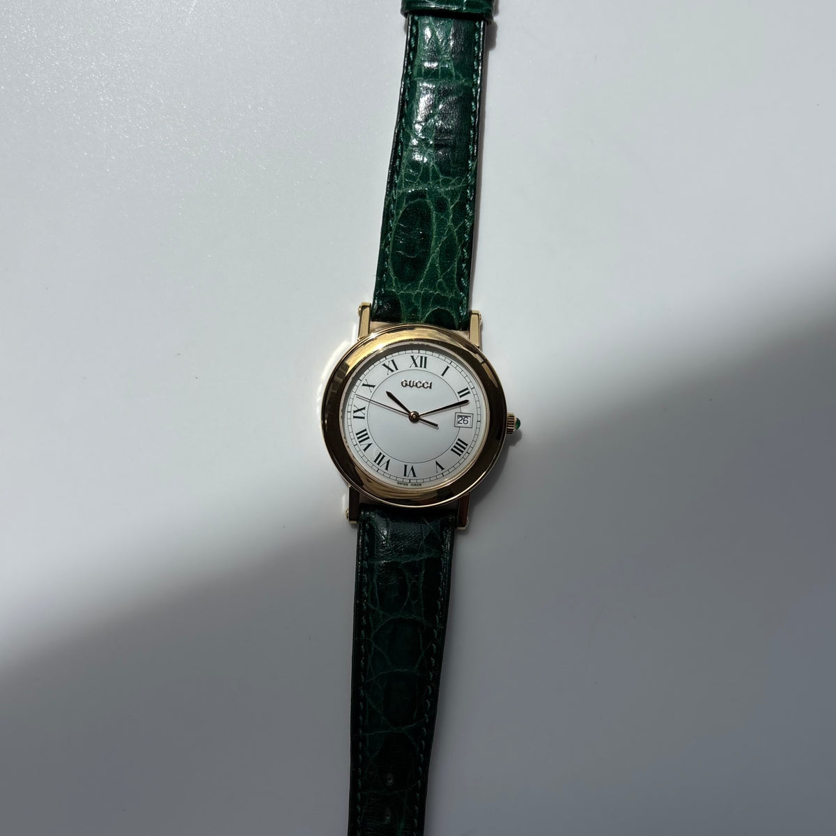 Gucci 1990s Date Round Green Dial Gold-Plated Watch (Large)