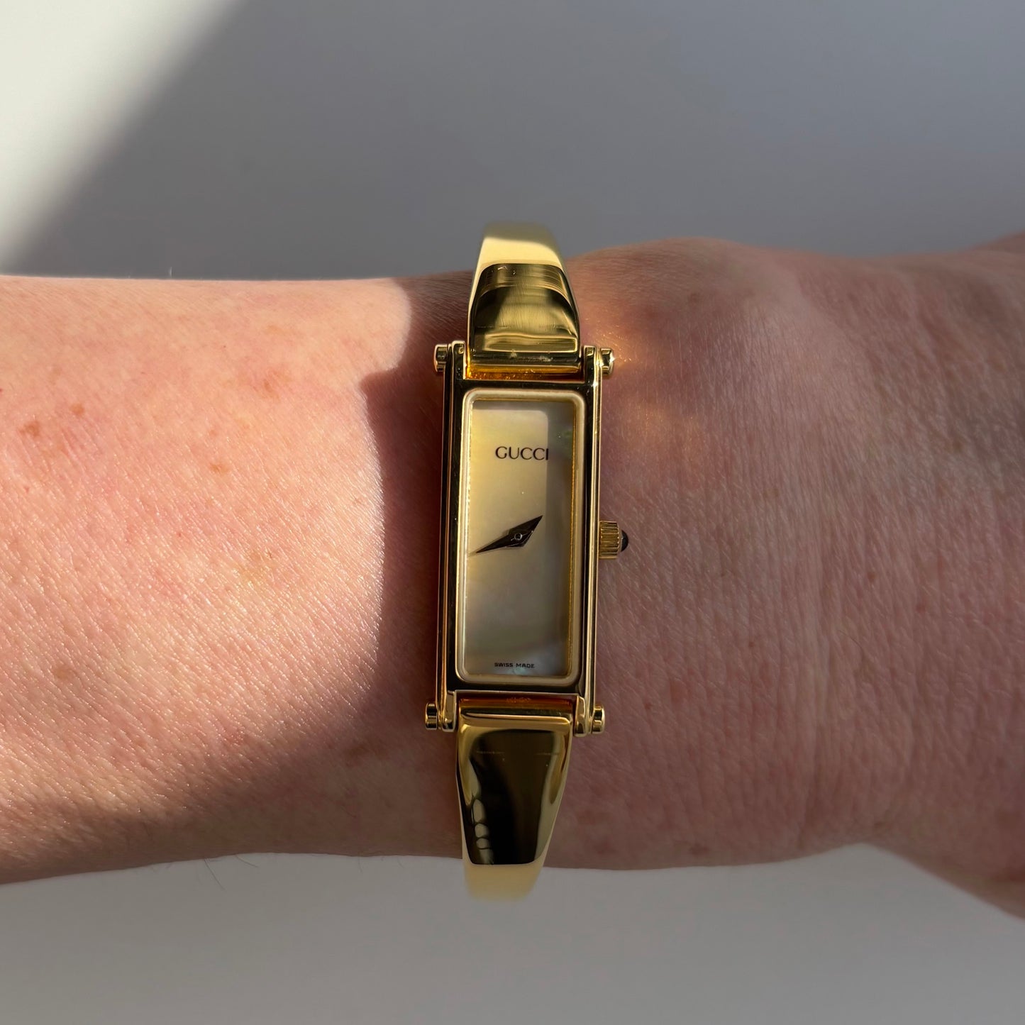 Gucci 1990s Seashell Dial Rectangular Gold Plated Bangle Watch