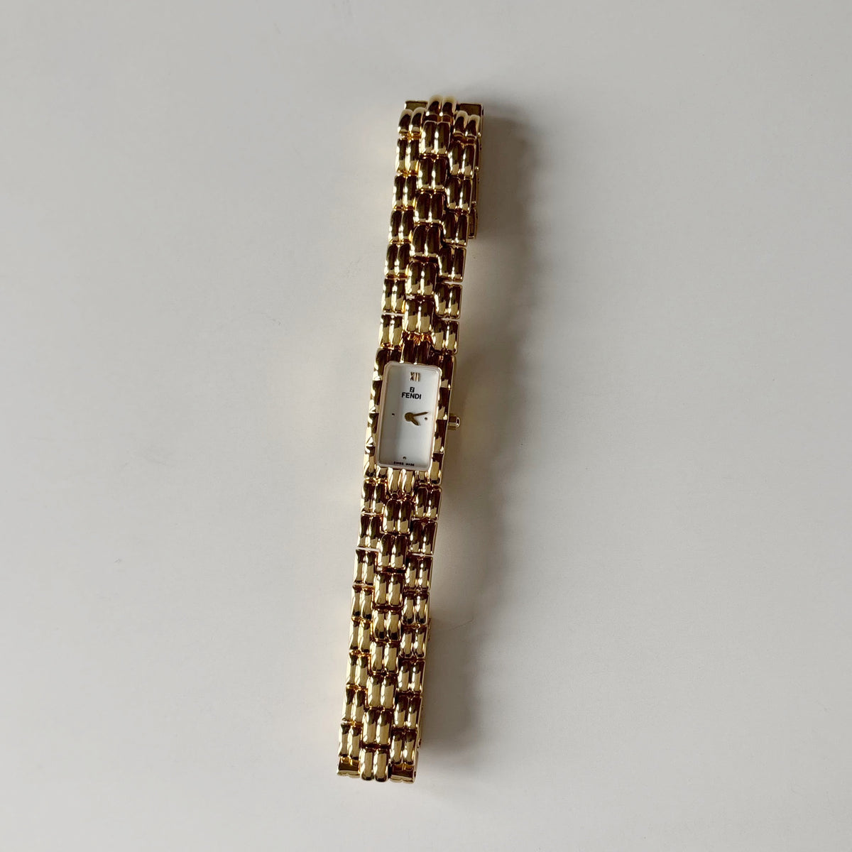 Fendi 1990s Rectangular White Dial Gold Plated Watch