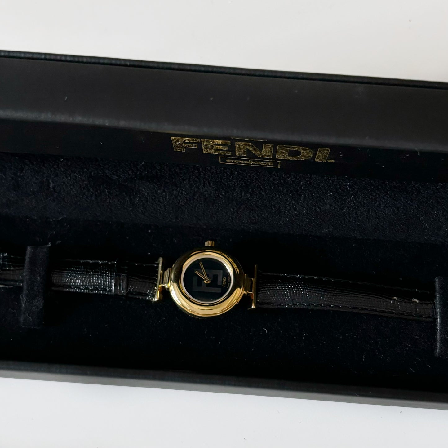 Fendi 1990s Black Dial Gold Plated Round Leather Watch