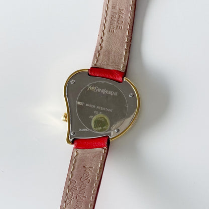 Yves Saint Laurent 1990s Heart Shaped Gold Plated Red Watch