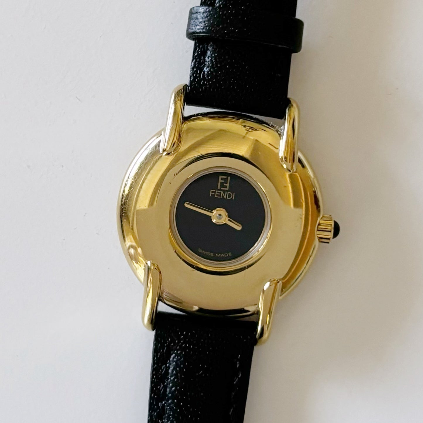 Fendi 1990s Black Dial Gold Plated Round Leather Strap Watch