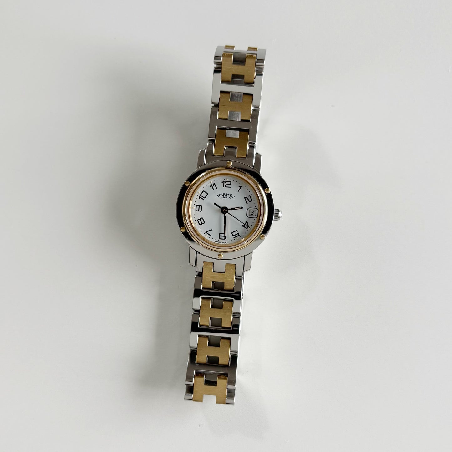 Hermes 1990s Date White Dial Clipper Two Tone Watch