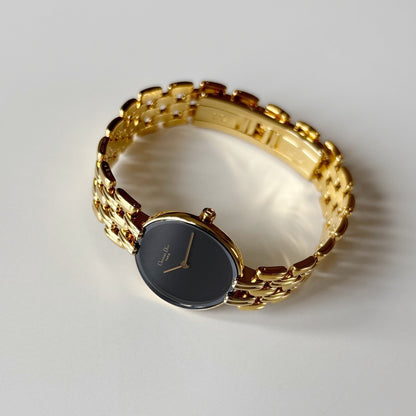 Dior 1990s Bagheera Black Dial Gold Plated Round Watch