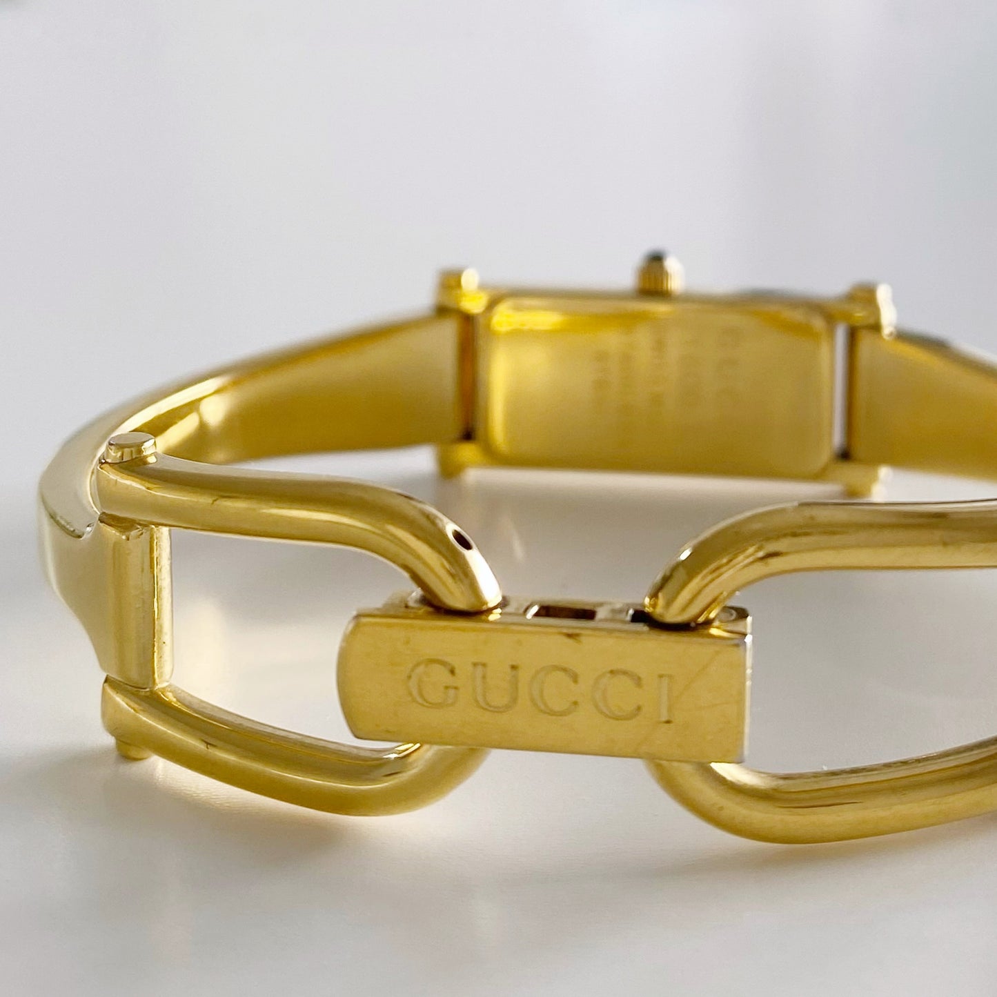 Gucci 1990s Seashell Dial Rectangular Gold Plated Bangle Watch