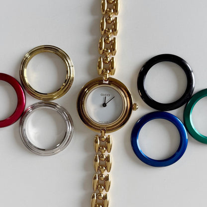 Gucci 1990s Interchangeable Bezel Gold Plated Rice Chain Watch with 6 bezels, case (172mm)