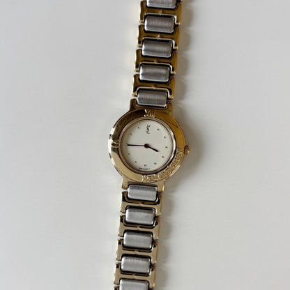 Yves Saint Laurent 1990s Cream Round Dial Two-Tone Gold-Plated Watch