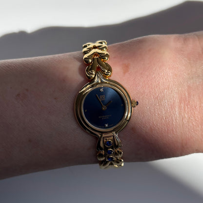 Givenchy 1990s Navy Round Dial Gold Plated Watch