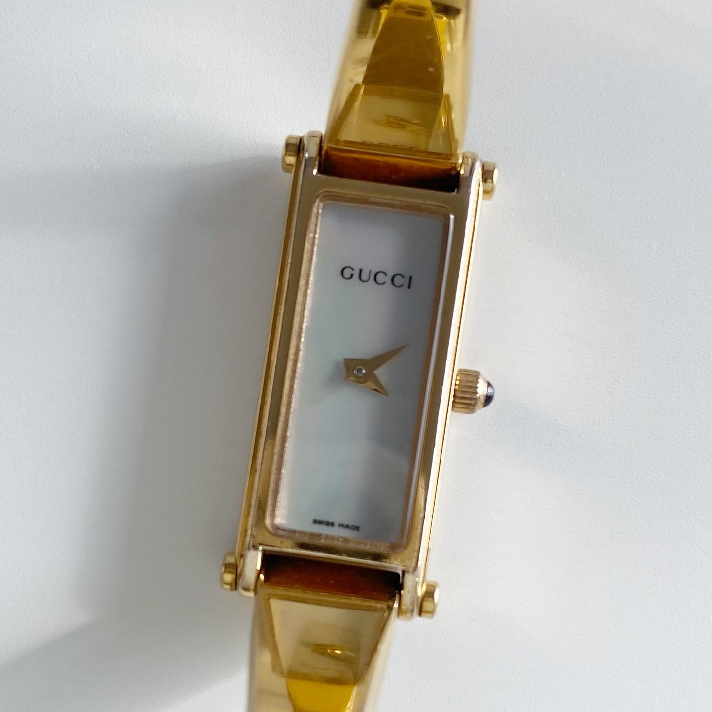 Gucci 1990s Seashell Dial Rectangular Gold Plated Bangle Watch