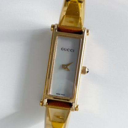 Gucci 1990s Seashell Dial Rectangular Gold Plated Bangle Watch