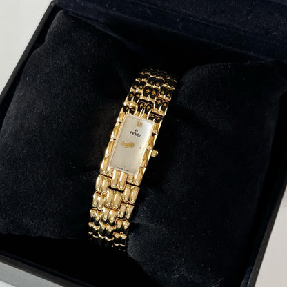 Fendi 1990s Rectangular White Dial Gold Plated Watch