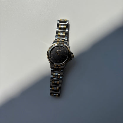 Gucci 1990s Date Round Black Dial Two Tone Gold Plated Watch
