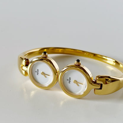 Fendi 1990s Seashell Dial Two Time Zone Gold Plated Bangle Watch