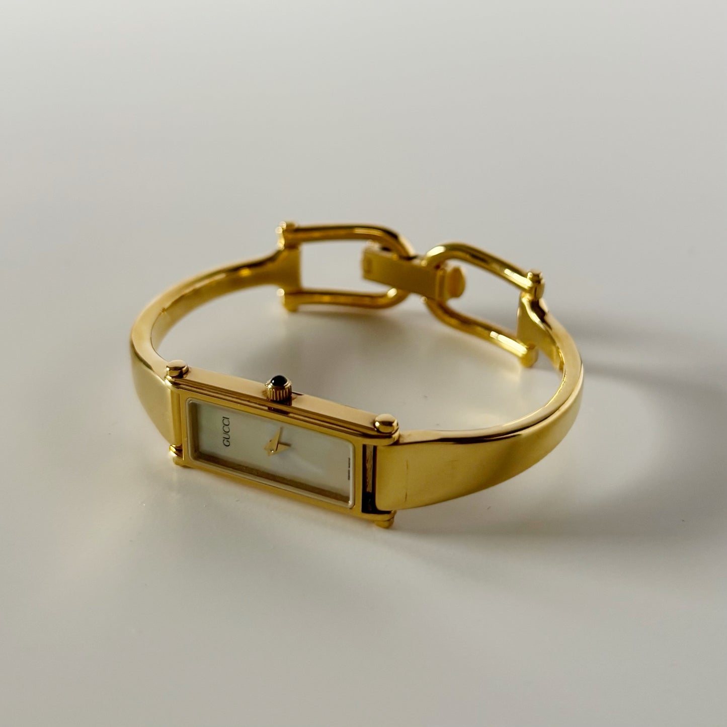 Gucci 1990s Seashell Dial Rectangular Gold Plated Bangle Watch