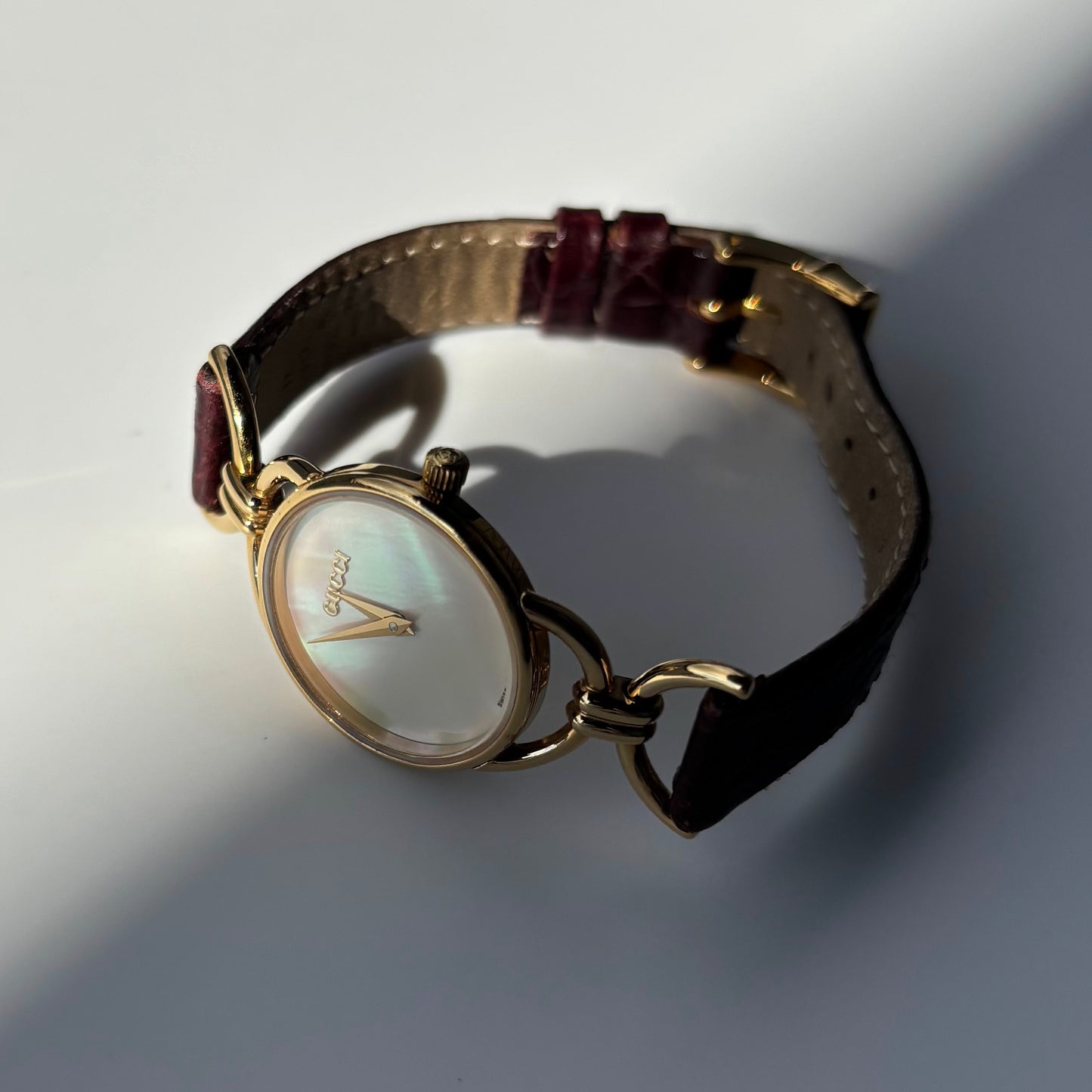 Gucci 1990s Seashell Dial Gold Plated Horsebit Watch