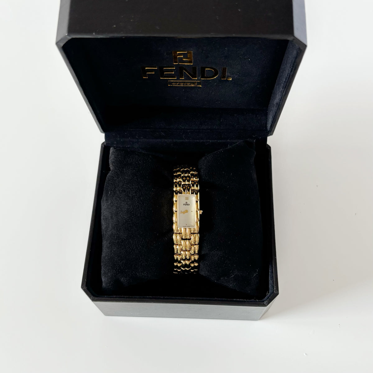 Fendi 1990s Rectangular White Dial Gold Plated Watch
