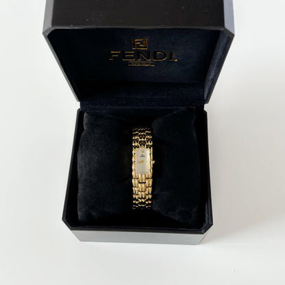 Fendi 1990s Rectangular White Dial Gold Plated Watch
