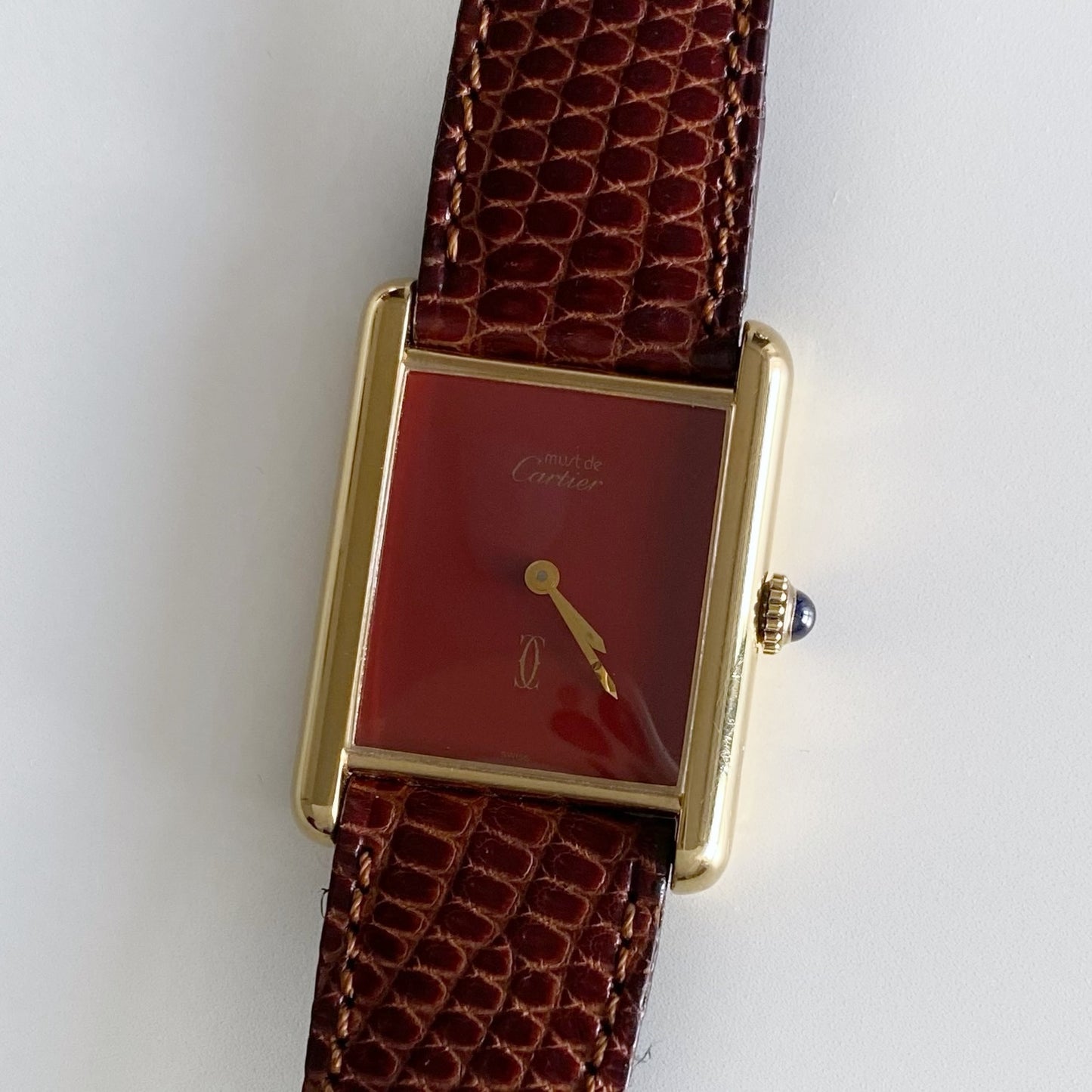 Cartier 1980s Must de Tank Burgundy Dial Manual Winding Watch (LM)
