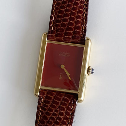 Cartier 1980s Must de Tank Burgundy Dial Manual Winding Watch (LM)