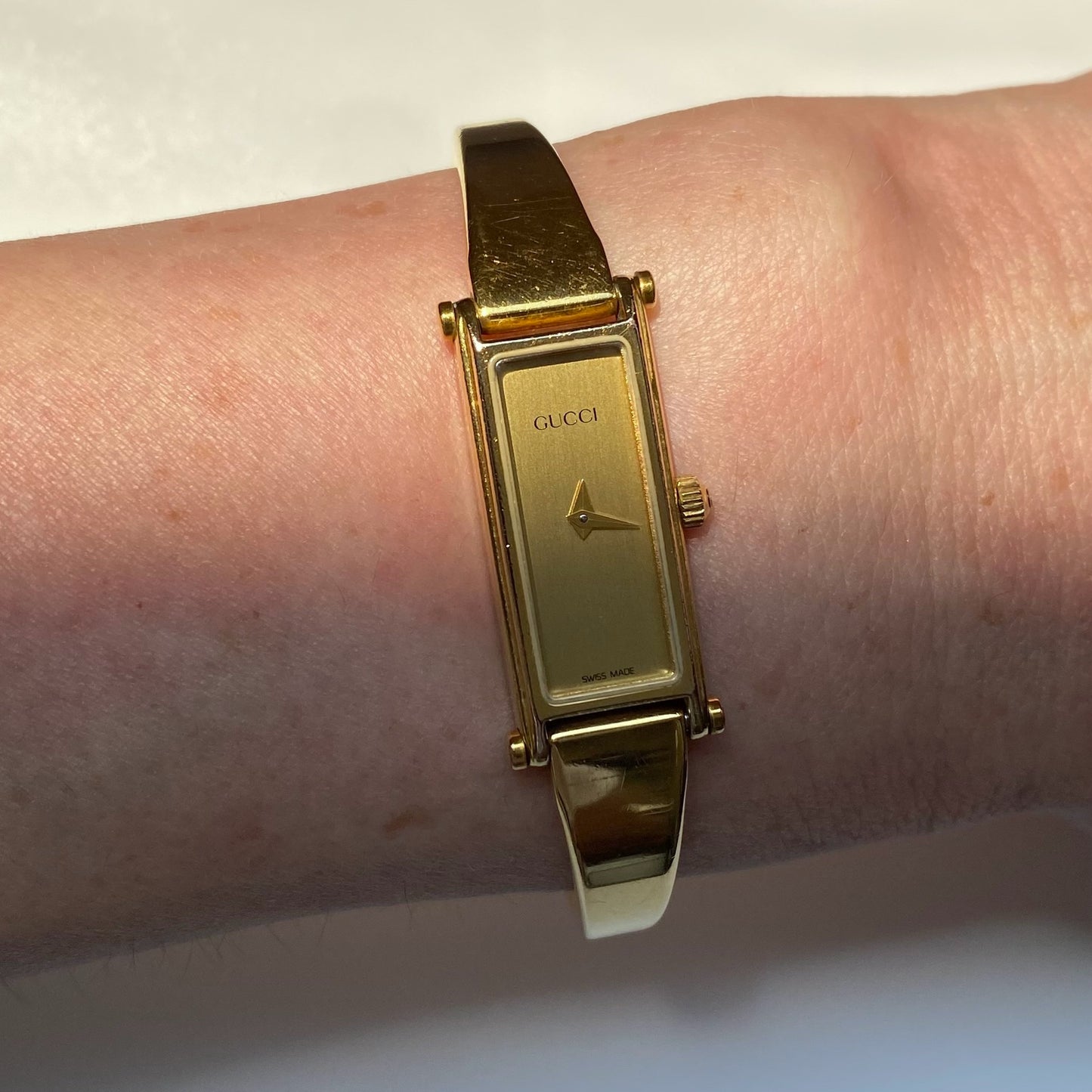 Gucci 1990s Rectangular Gold Plated Bangle Watch (Small)