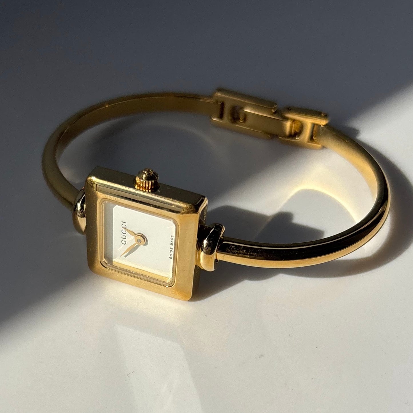 Gucci 1990s Square Dial Gold Plated Bangle Watch