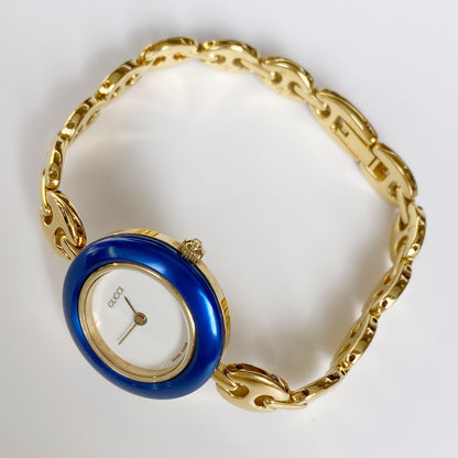 Gucci 1990s Interchangeable Bezel Gold Plated Watch with case, 6 bezels