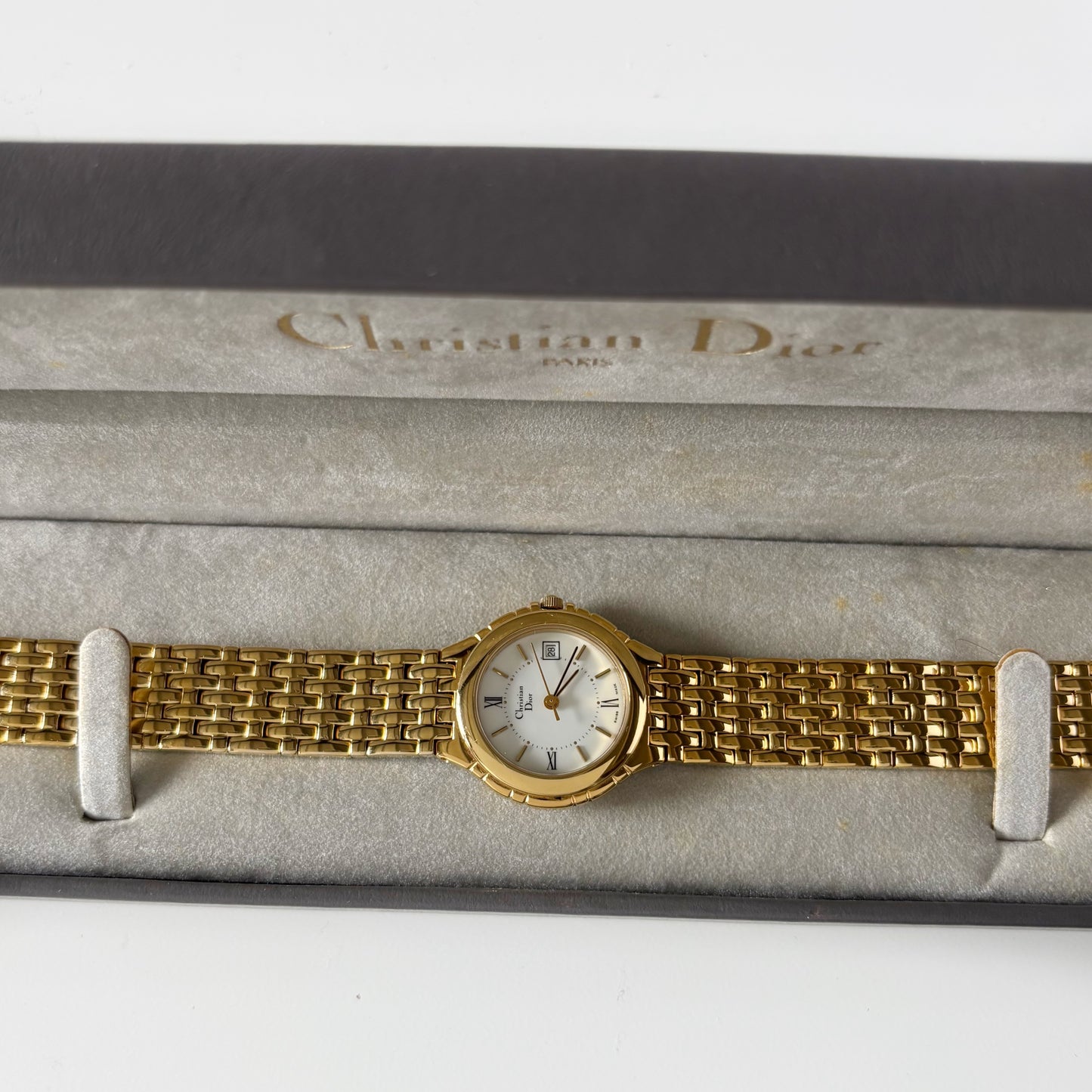 Dior 1990s Date Round Dial Gold Plated Watch