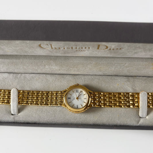 Dior 1990s Date Round Dial Gold Plated Watch