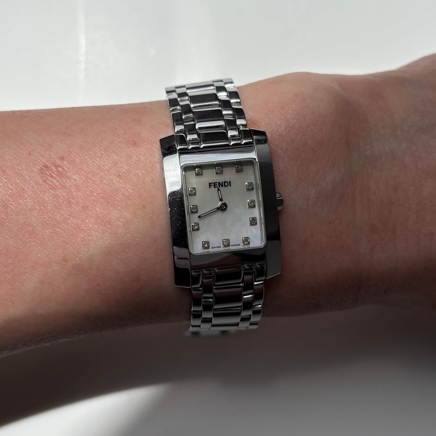 Fendi 1990s Seashell Dial Tank Silver Watch