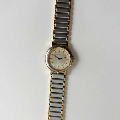 Yves Saint Laurent 1990s Round Dial Two Tone Gold Plated Watch