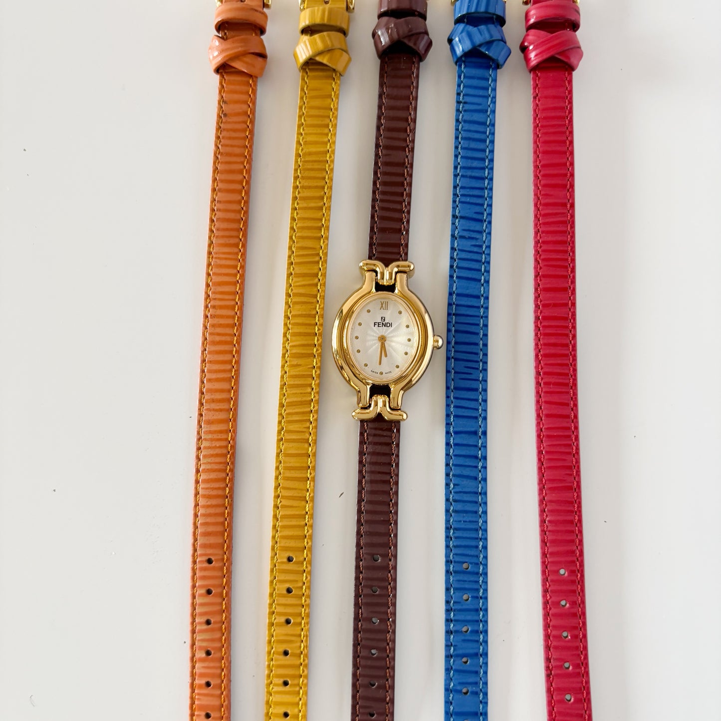 Fendi 1990s Interchangeable Strap Gold Plated Watch with 5 straps, case