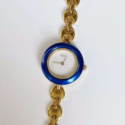 Gucci 1990s Interchangeable Bezel Gold Plated Watch with case, 6 bezels