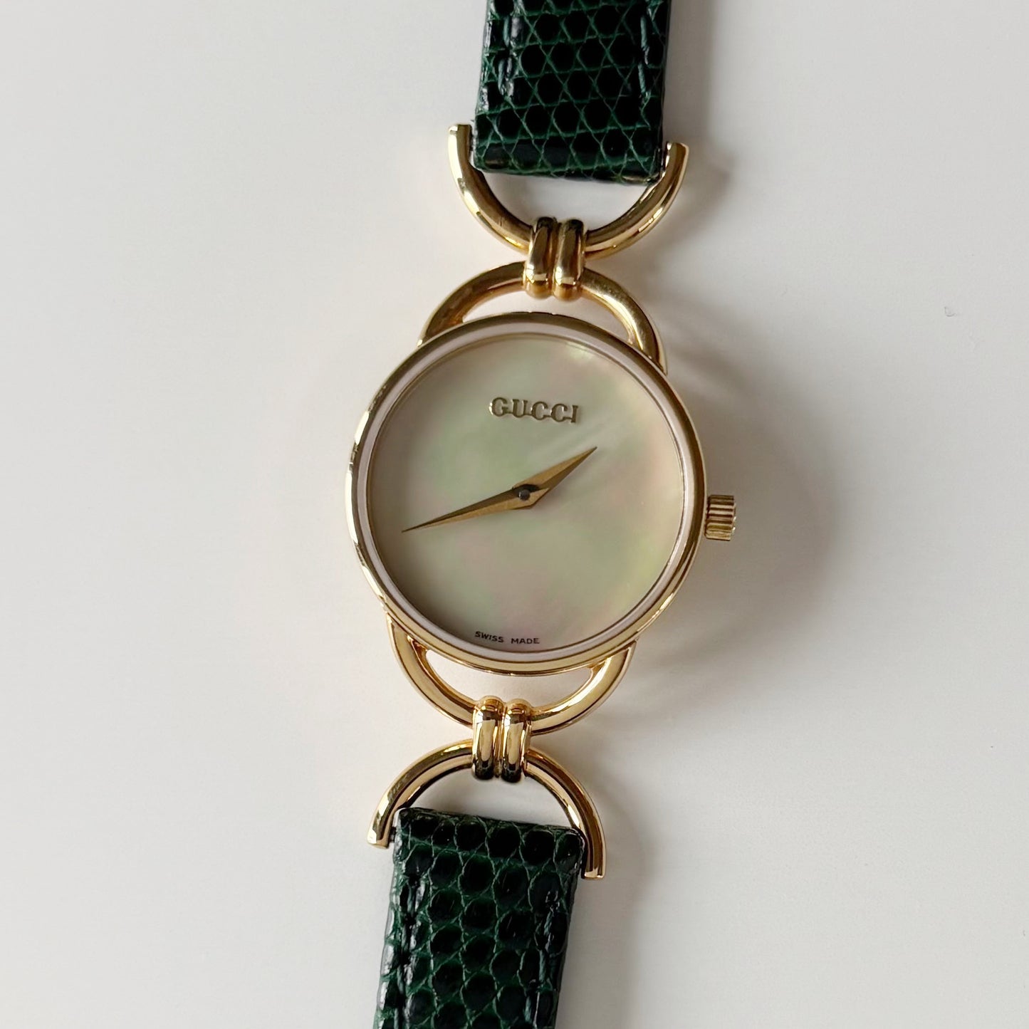 Gucci 1990s Seashell Dial Gold Plated Horsebit Watch