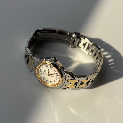 Hermes Early 2000s Clipper Seashell Dial Gold Plated Two Tone Watch
