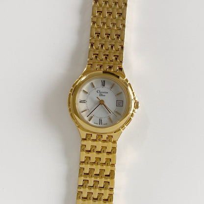 Dior 1990s Date Round Dial Gold Plated Watch