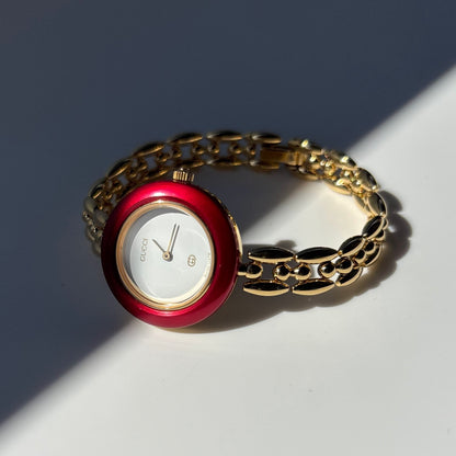 Gucci 1990s Interchangeable Bezel Gold Plated watch with 6 bezels, case (160cm)