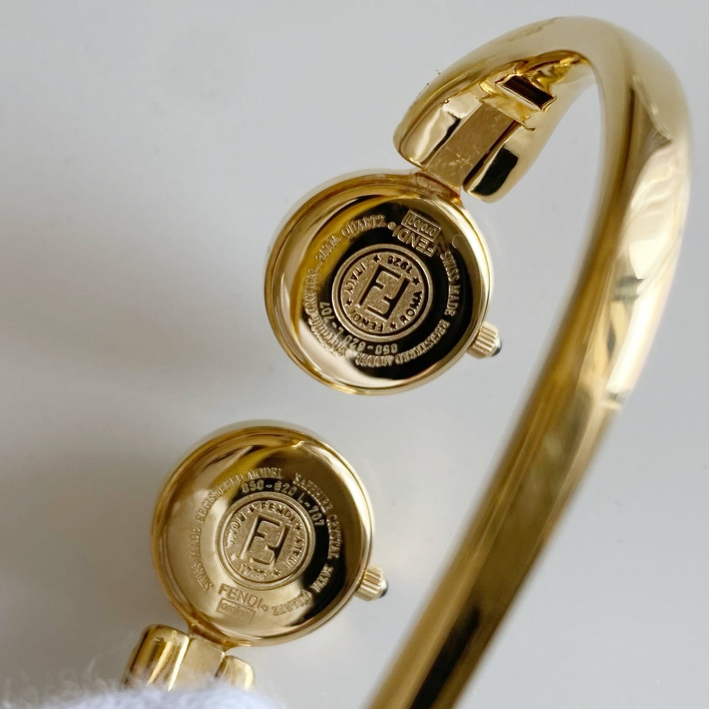 Fendi 1990s Seashell Dial Two Time Zone Gold Plated Bangle Watch