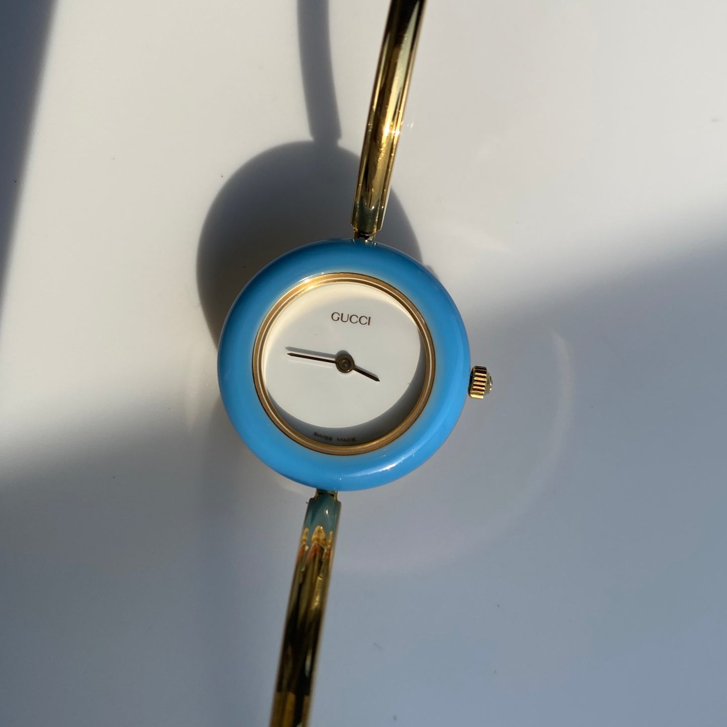 Gucci 1990s Interchangeable Bezel Gold Plated Bangle Watch with 12 bezels, case