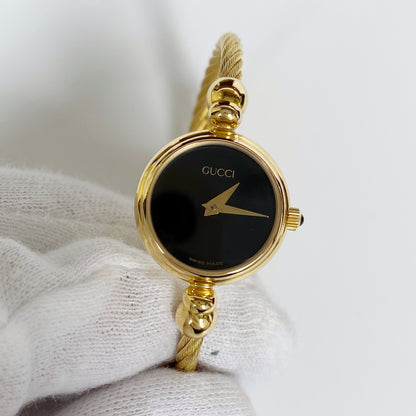 Gucci 1990s Black Dial Gold Plated Bangle Watch