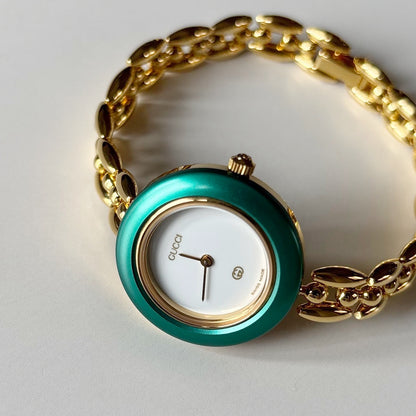 Gucci 1990s Interchangeable Bezel Gold Plated Rice Chain Watch with 6 bezels, case (165mm)