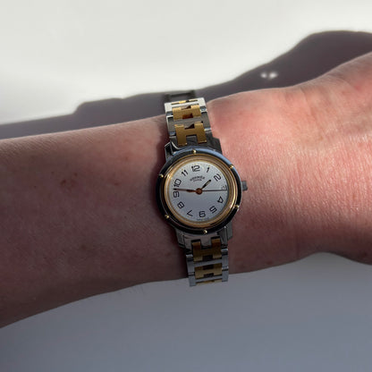 Hermes Early 2000s Clipper White Round Dial Two Tone Watch