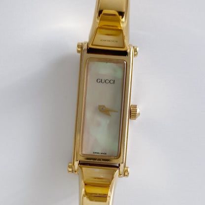 Gucci 1990s Seashell Dial Rectangular Gold Plated  Bangle Watch