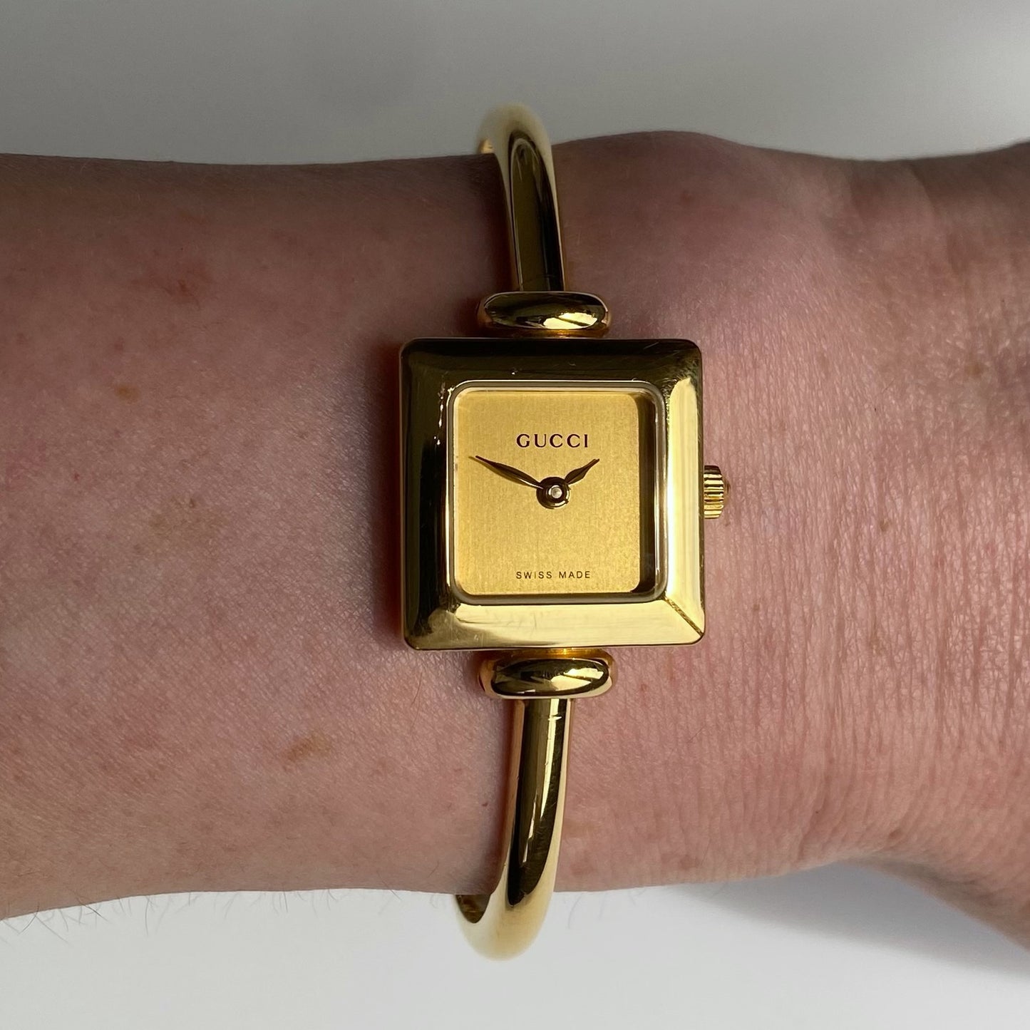 Gucci 1990s Square Gold Plated Bangle Watch