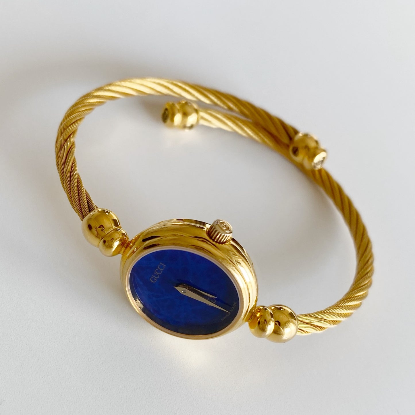 Gucci 1990s Blue Dial Gold Plated Cable Bangle Watch