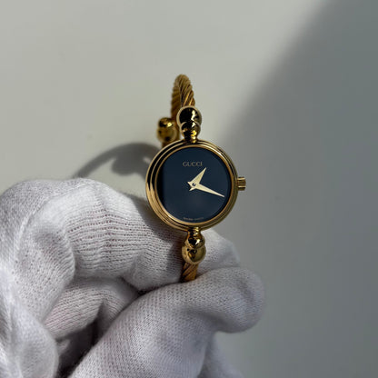 Gucci 1990s Black Dial Gold Plated Cable Band Bangle Watch