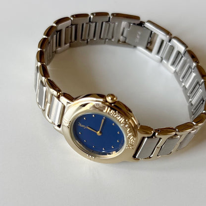 Yves Saint Laurent 1990s Navy Round Dial Two Tone Gold Plated Watch