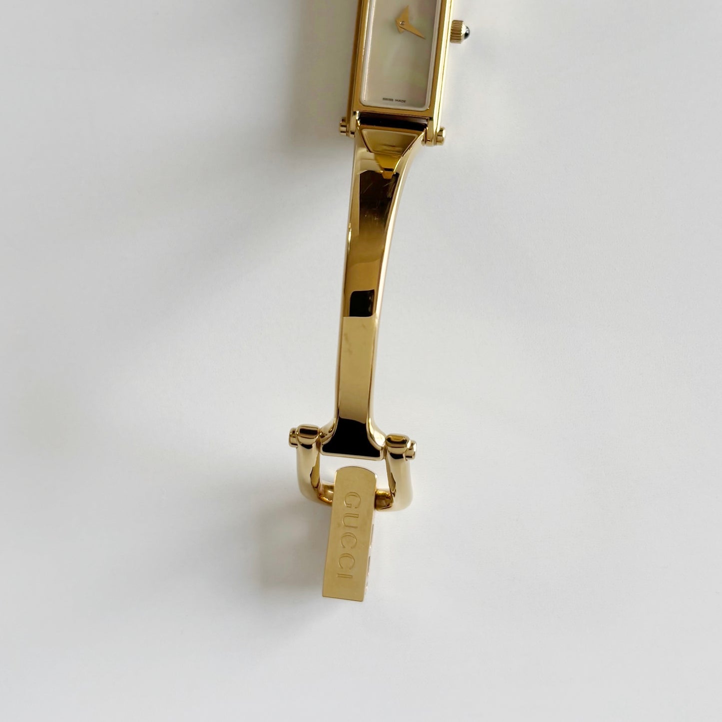 Gucci 1990s Seashell Dial Rectangular Gold Plated Bangle Watch